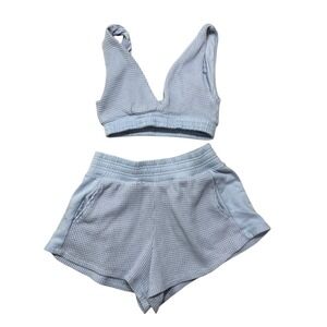 Better Together Waffle Knit Lounge Set Crop Top Shorts Sky Blue Size S